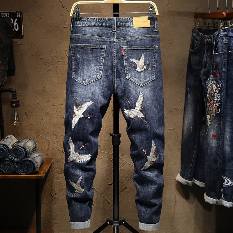 Chinese style Stretch jeans new men's fashion embroider