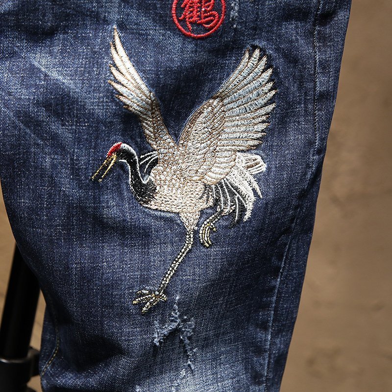 Chinese style Stretch jeans new men's fashion embroider