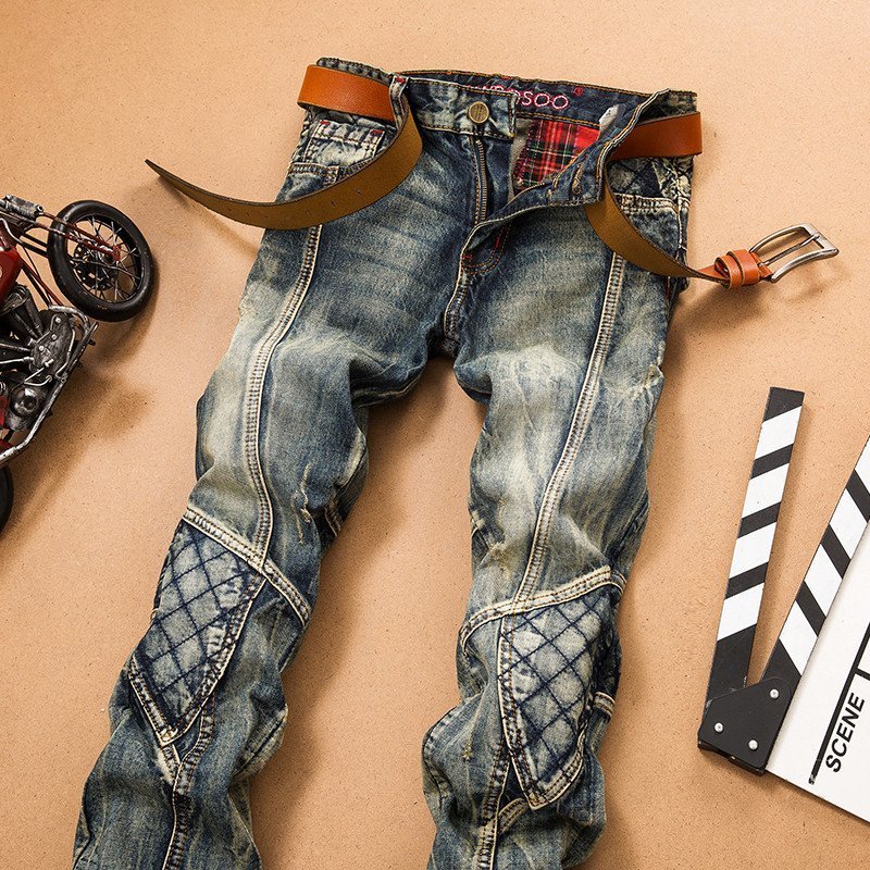 Men's Slim Distressed Moto Biker Jeans with Grid embroidery
