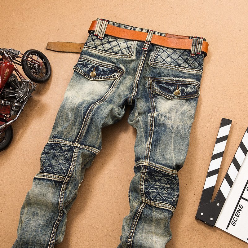 Men's Slim Distressed Moto Biker Jeans with Grid embroidery