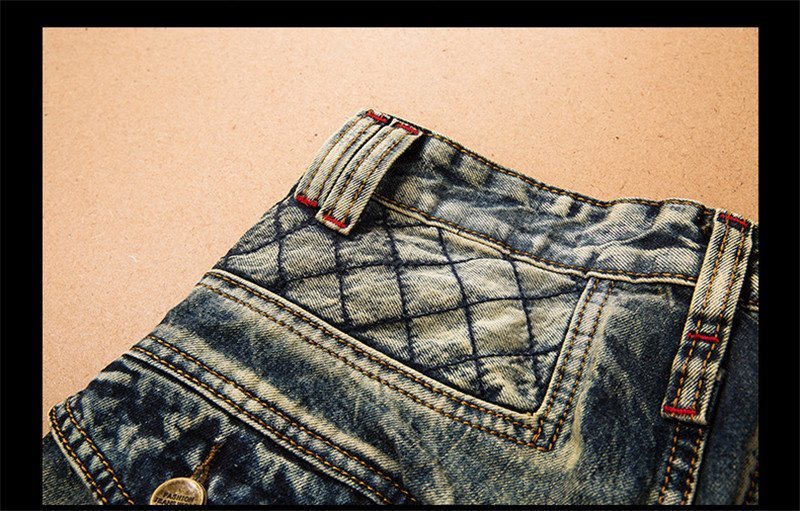 Men's Slim Distressed Moto Biker Jeans with Grid embroidery