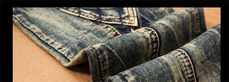 Men's Slim Distressed Moto Biker Jeans with Grid embroidery