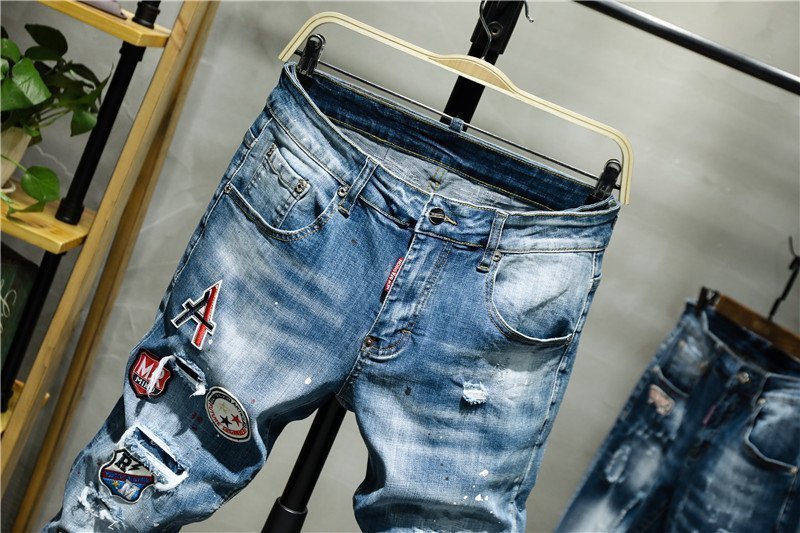 Men's Fashion Jeans with Badges Patch Light Blue